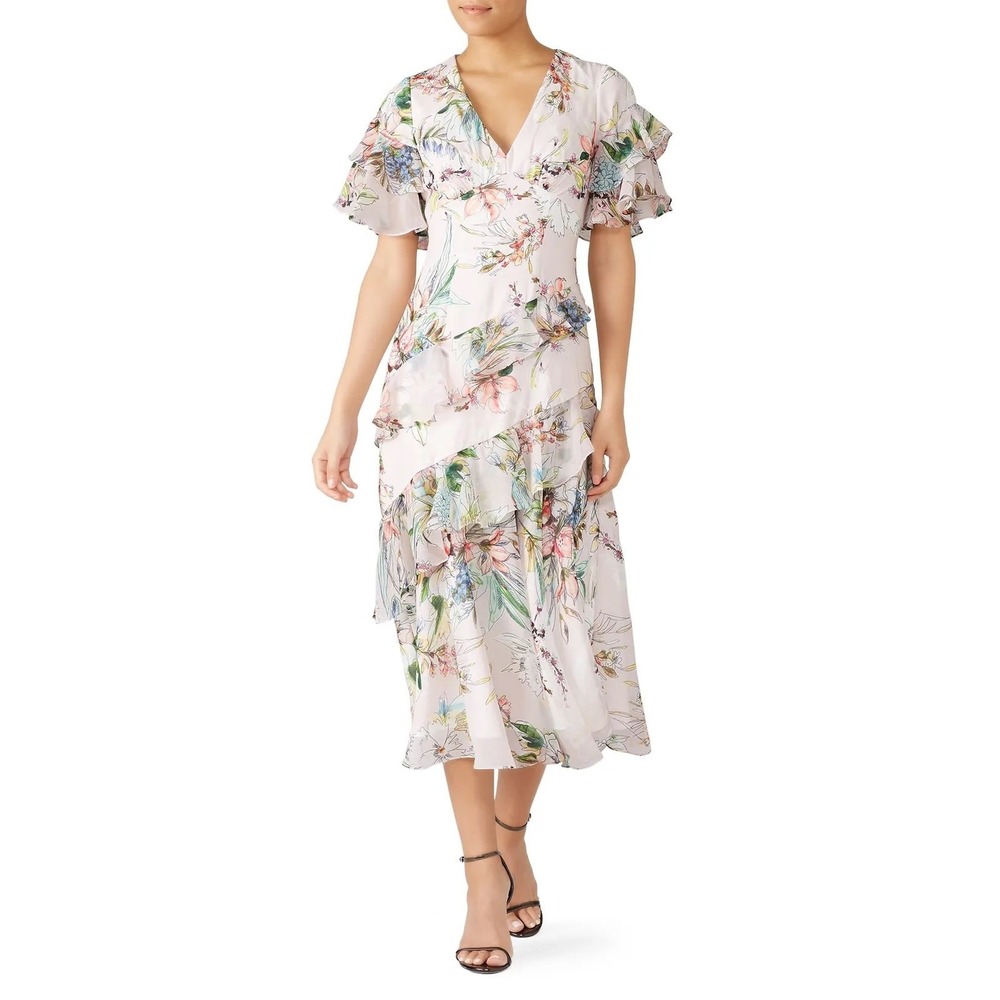 Theia Floral Ruffle Midi Dress‎ Blush Pink Size 0 - Picture 2 of 10